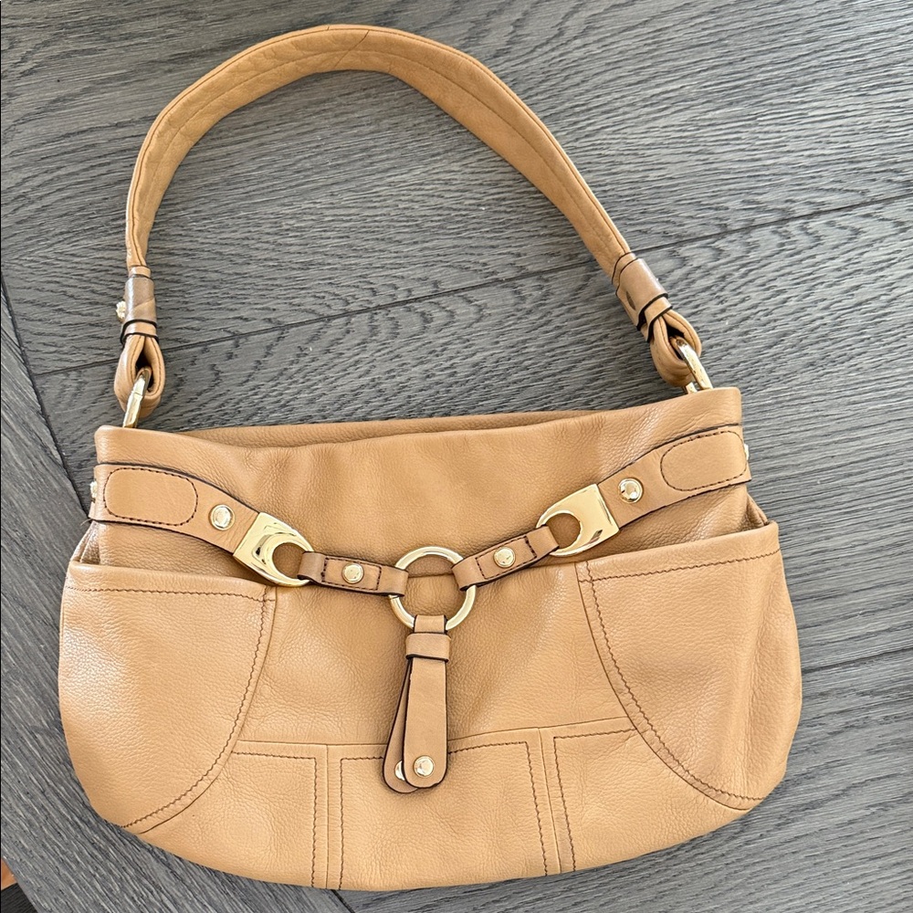 B. Makowsky Tan Leather Shoulder Bag with Gold Accents